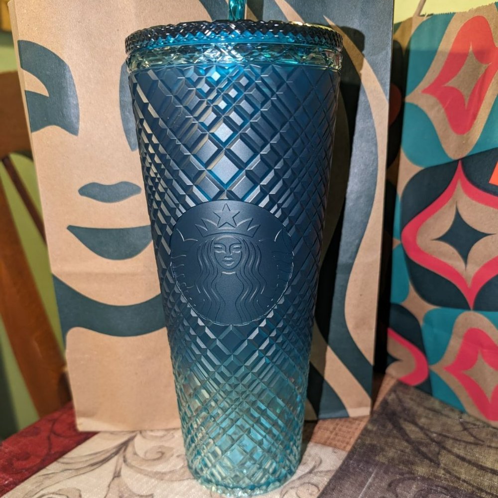 New Green Gradient Ombre Jeweled Venti Cold Plastic Cup Tumbler, 24 oz